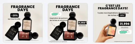 Trois créatives publicitaires produites pour une campagne « Fragrance Days »