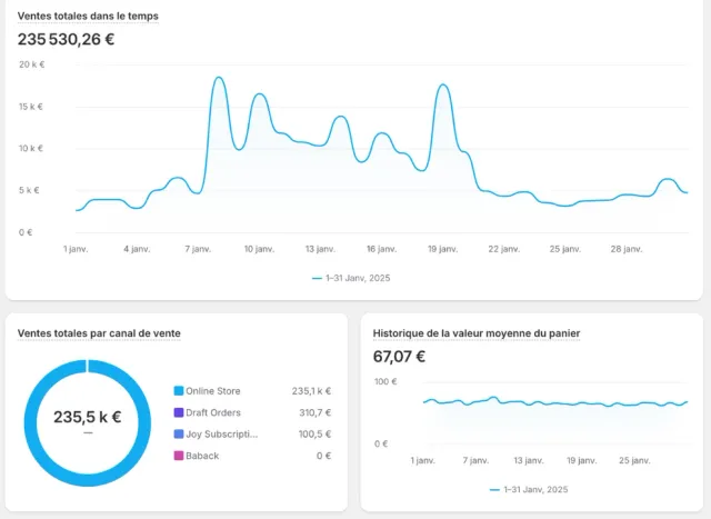 Shopify Joia Paris : 235 530 € de ventes totales du 1er au 31 janvier 2025