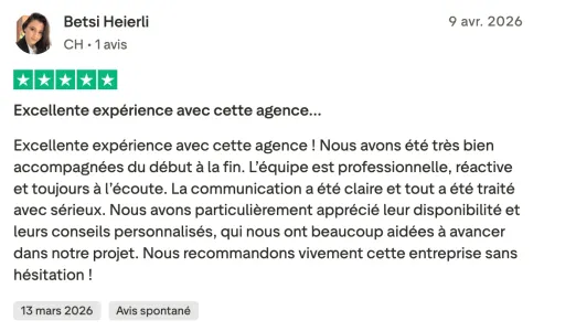 Avis Trustpilot de Betsi Heierli : « Excellente expérience avec cette agence »