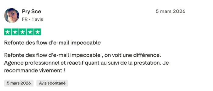 Avis Trustpilot de Pry Sce : « Refonte des flow d’e-mail impeccable »