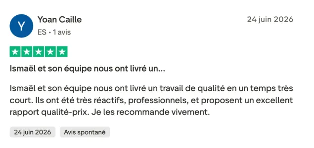 Avis Trustpilot de Yoan Caille : « Ismaël et son équipe nous ont livré un travail de qualité »